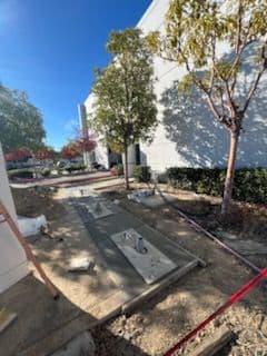 Construction site with newly poured concrete slabs and trees under clear blue sky.